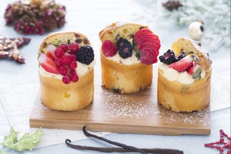 Mini panettones filled with cream, custard, and fruit