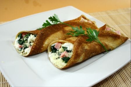 Whole wheat crepes with ham, Gruyère, and spinach