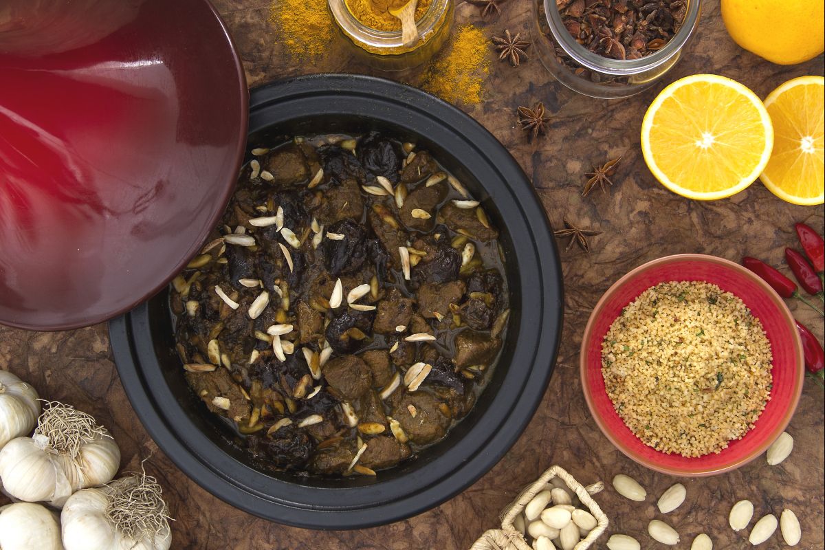 Lamb tagine with plums and almonds