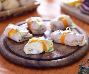 Turkey rolls with potatoes, ricotta, and bacon