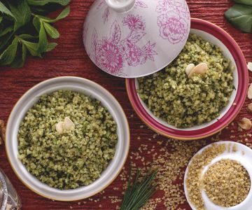 Bulgur with fresh herb and walnut pesto