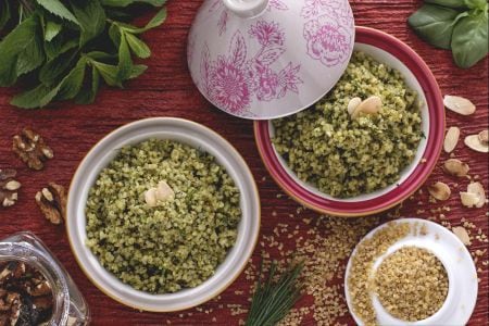 Bulgur with fresh herb and walnut pesto