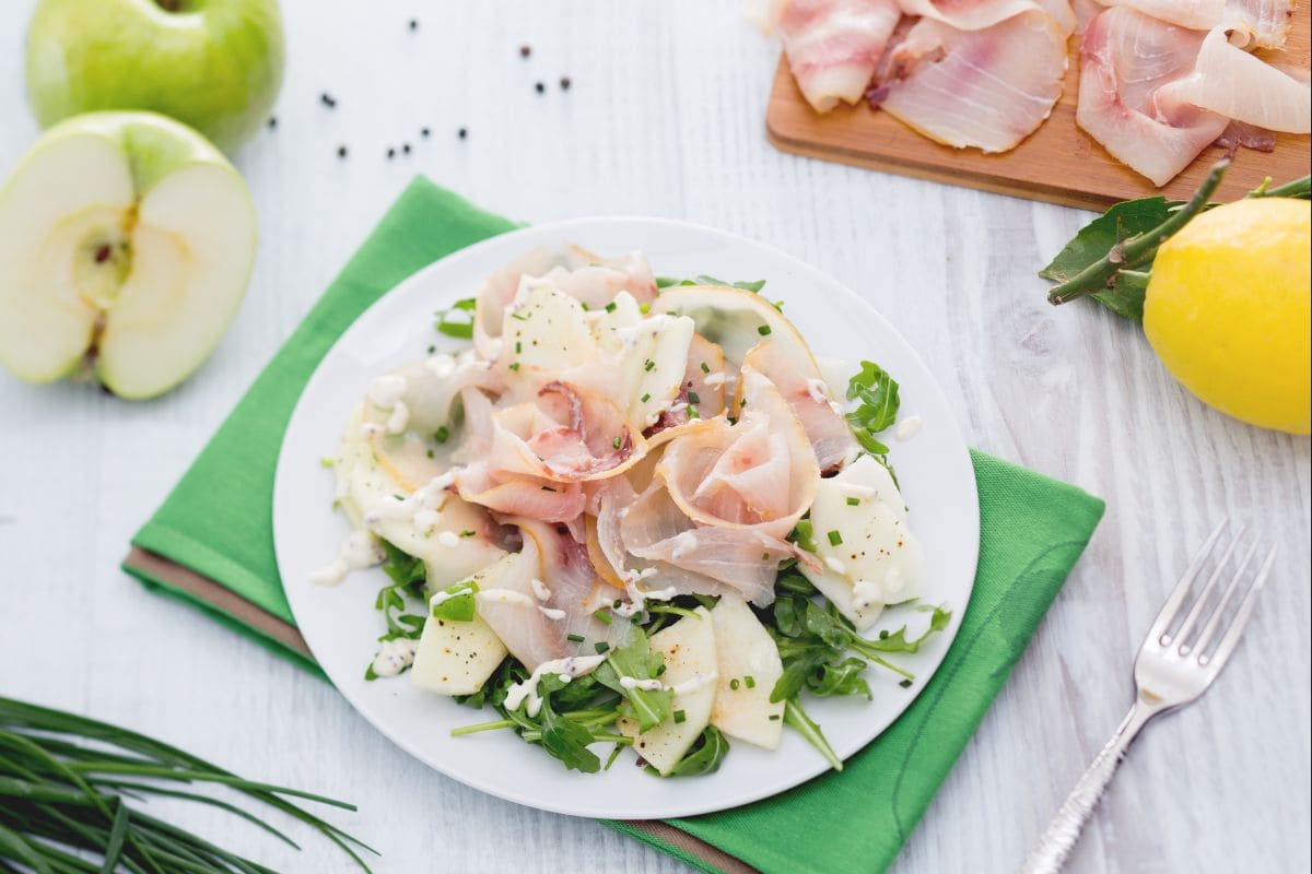 Smoked Swordfish Carpaccio with Apple and Arugula Salad