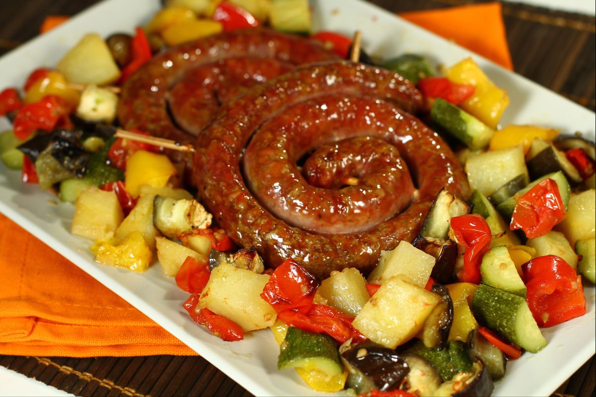 Luganega sausage wheel with roasted vegetables