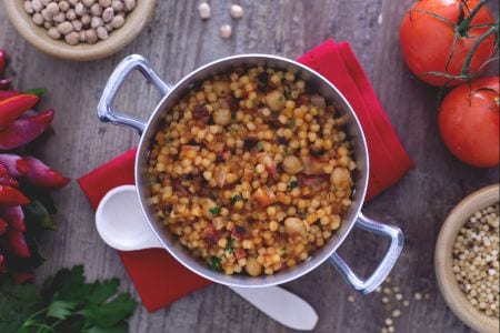 Fregola with chickpeas and bacon
