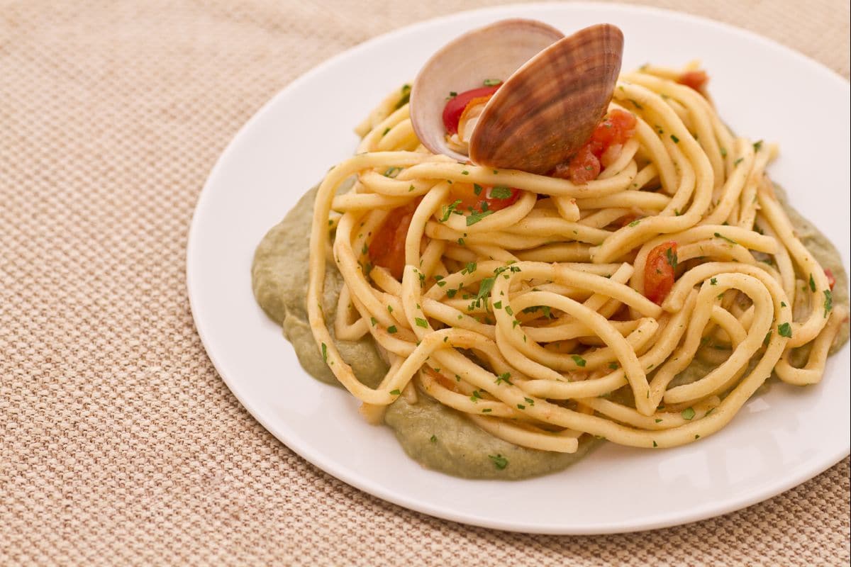 Bigoli with clams on a bed of artichoke cream