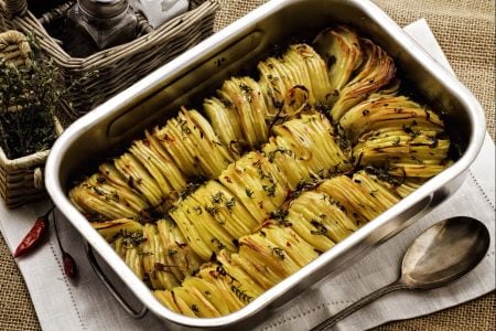 Baking pan of roasted potatoes