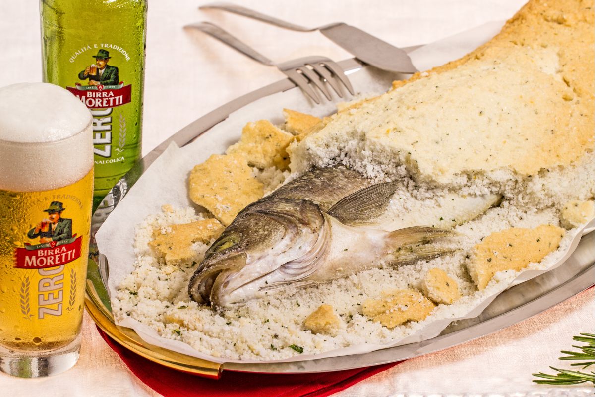 Sea bass in a crust of salt, herbs, and beer