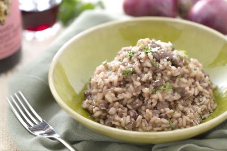 Risotto with salami paste and Bonarda