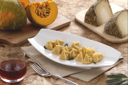Pinched bundles with pumpkin and fossa pecorino