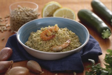 Risotto with zucchini pesto, yogurt, and prawns