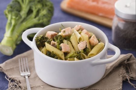 Penne with broccoli and salmon with fennel