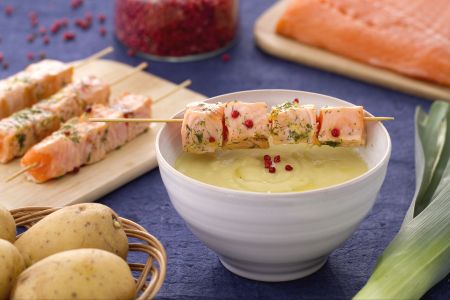 Leek and Potato Cream with Salmon Skewer