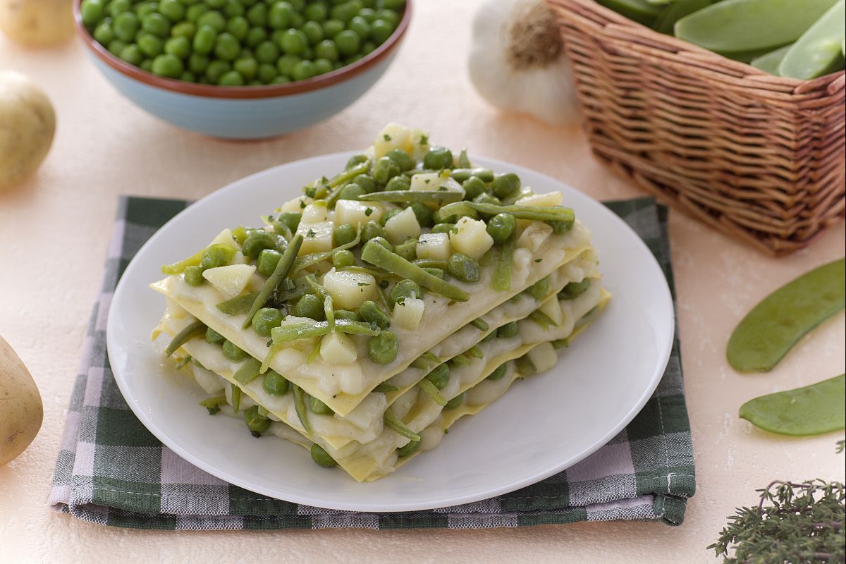 Lasagna with green beans, potatoes, and peas