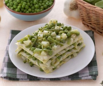 Lasagna with green beans, potatoes, and peas