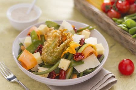 Spring salad with vegetables and cheeses