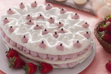 Easter meringue cake with strawberries and chocolate