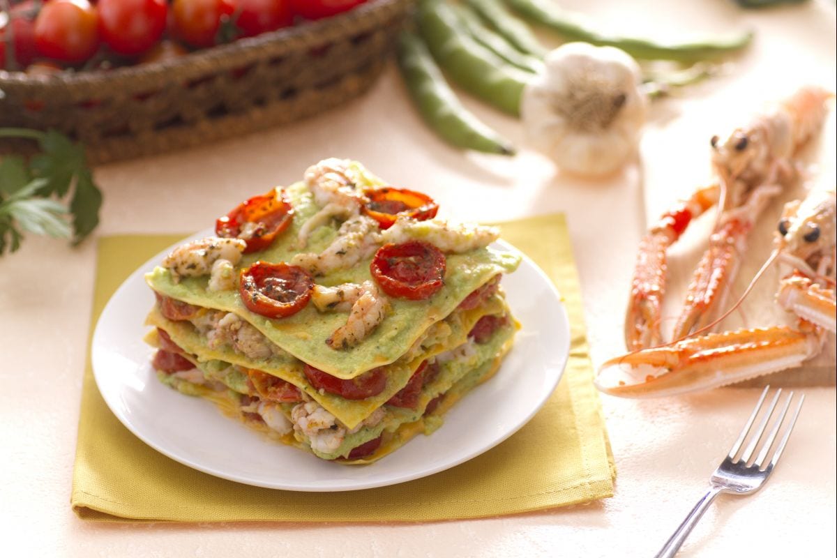 Lasagna with Scampi, Cherry Tomatoes, and Fava Bean Pesto