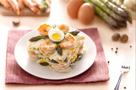 Lasagna with asparagus, eggs, and shrimp