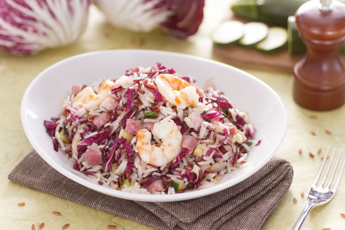 Basmati and Red Rice Salad with Sweet Bacon Cubes