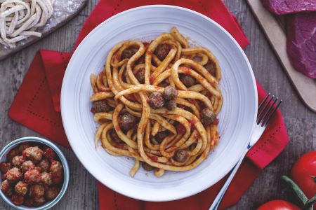 Spaghetti alla chitarra with meatballs