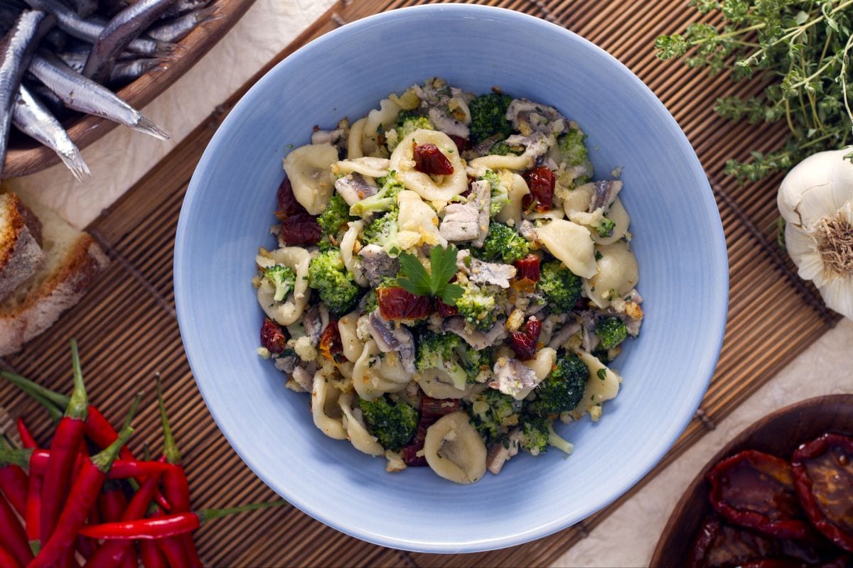 Orecchiette with broccoli, anchovies, and sun-dried tomatoes