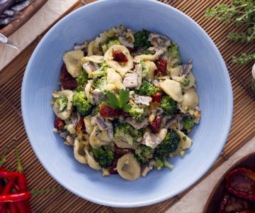 Orecchiette with broccoli, anchovies, and sun-dried tomatoes
