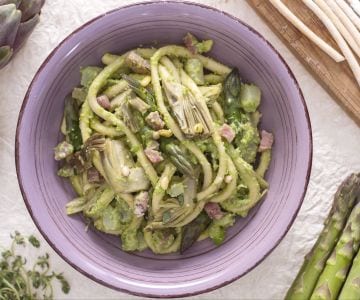 Bigoli with asparagus, artichokes, and pea pesto