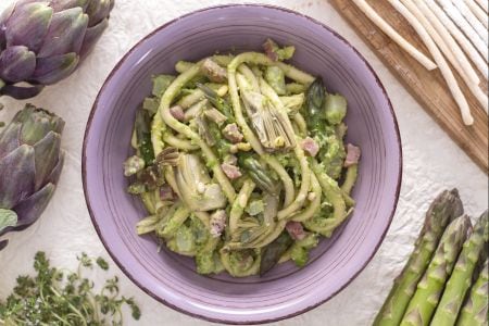 Bigoli with asparagus, artichokes, and pea pesto