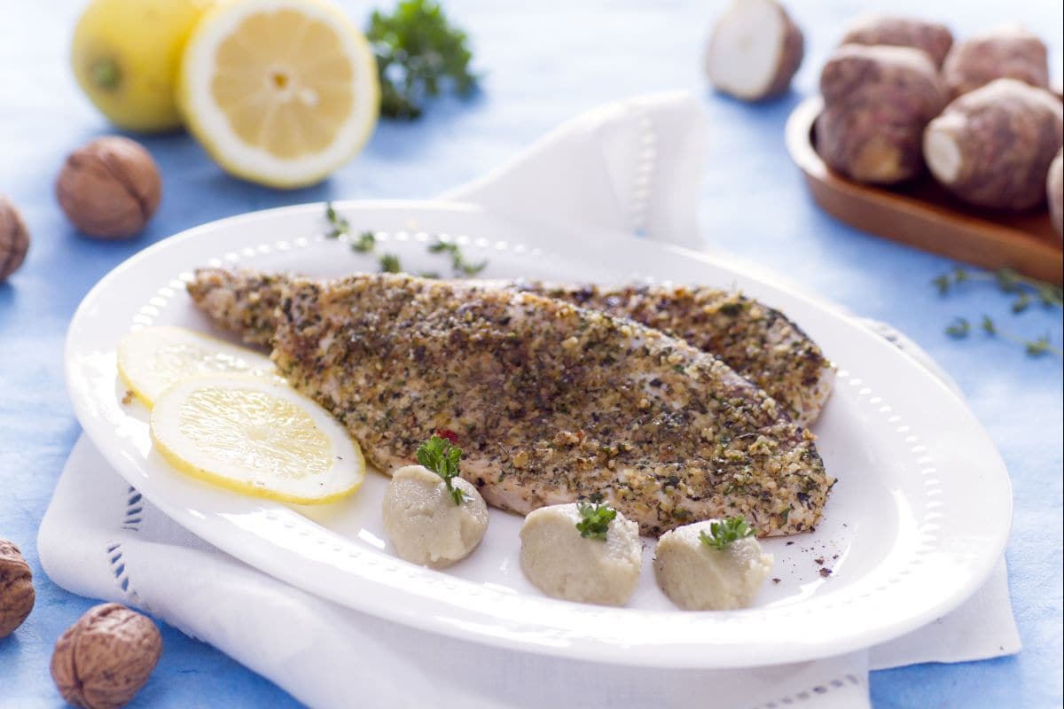 Swordfish in crust with Jerusalem artichoke purée