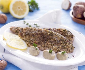 Swordfish in crust with Jerusalem artichoke purée