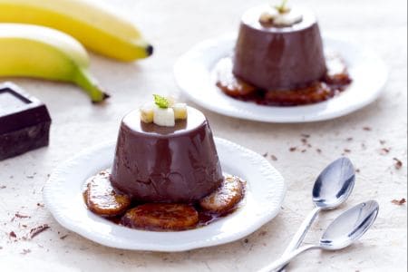 Chocolate panna cotta with caramelized bananas