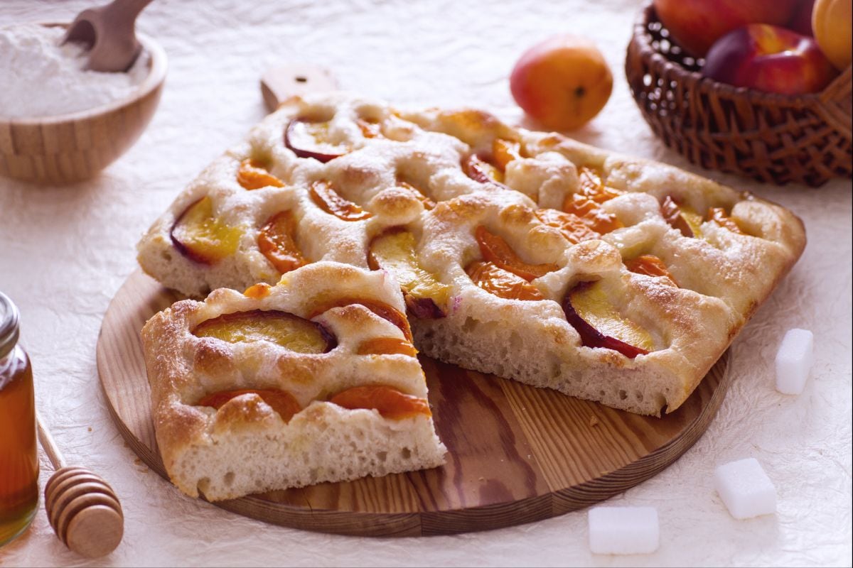 Sweet focaccia with peaches and apricots