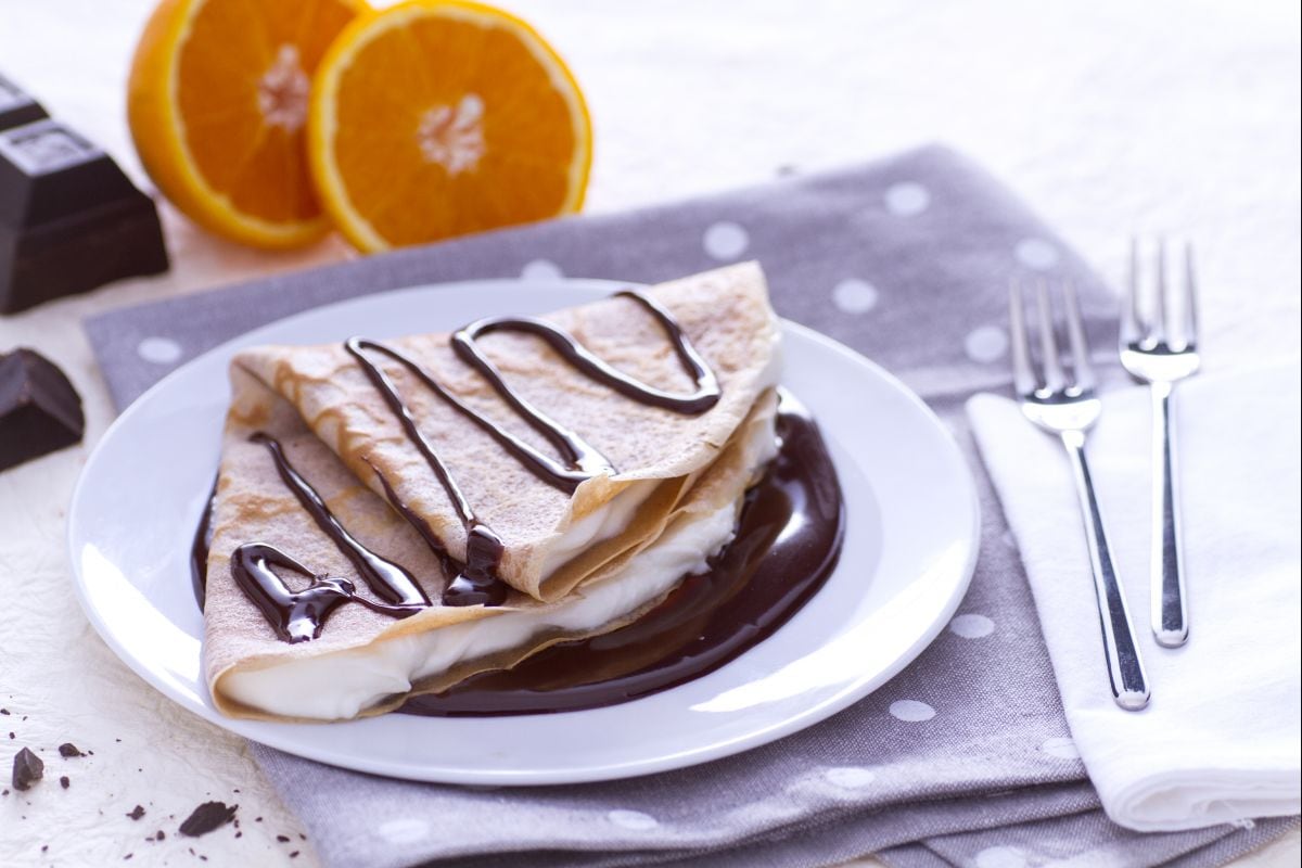Chestnut flour crepes with mascarpone and chocolate ganache
