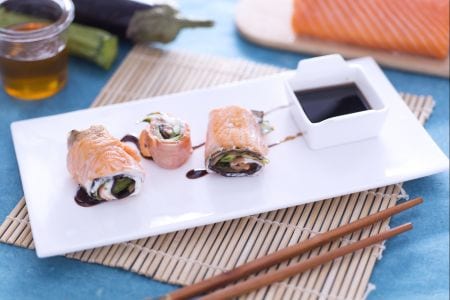 Salmon rolls stuffed with vegetables and cheese