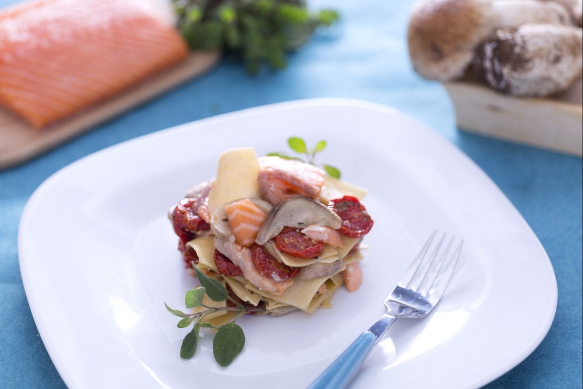 Maltagliati with salmon, porcini mushrooms and confit cherry tomatoes