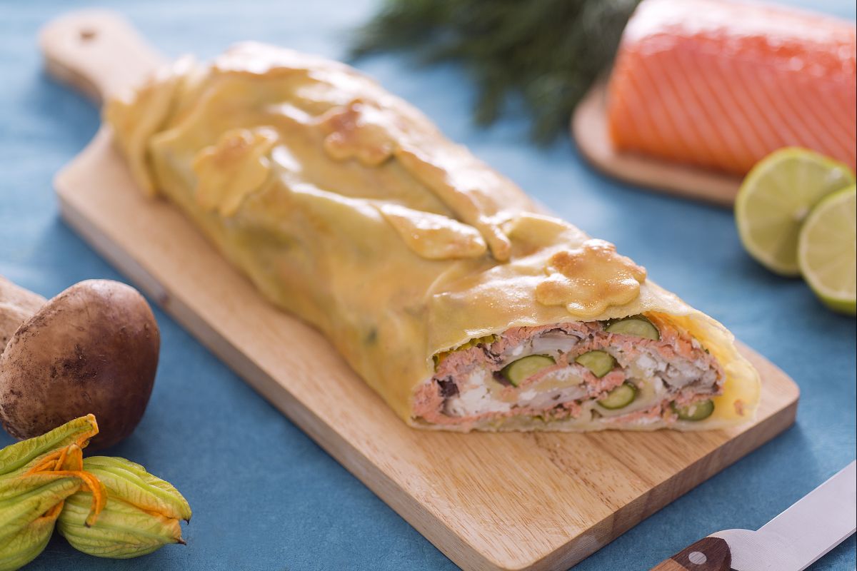 Salmon, Porcini, and Zucchini Flowers Strudel