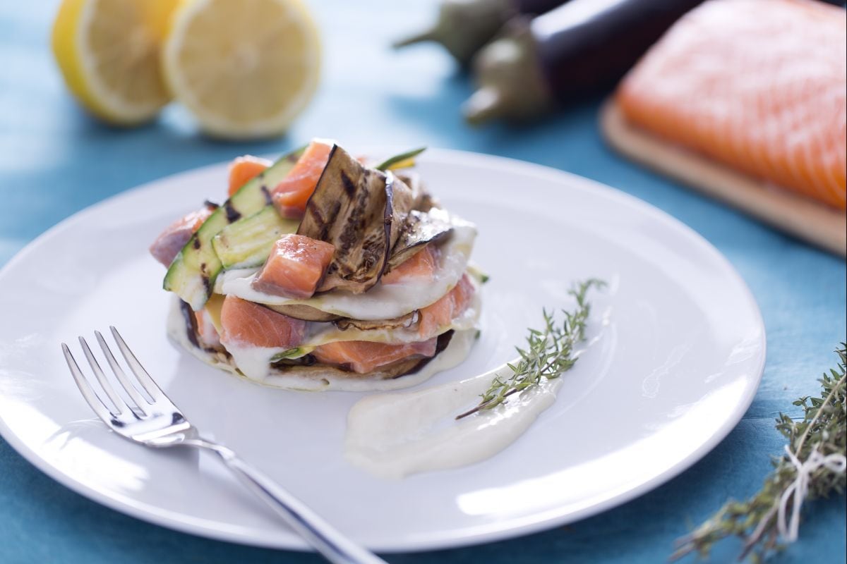 Open lasagna with salmon, grilled zucchini, and eggplants