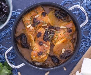 Cod with plums, raisins and pine nuts