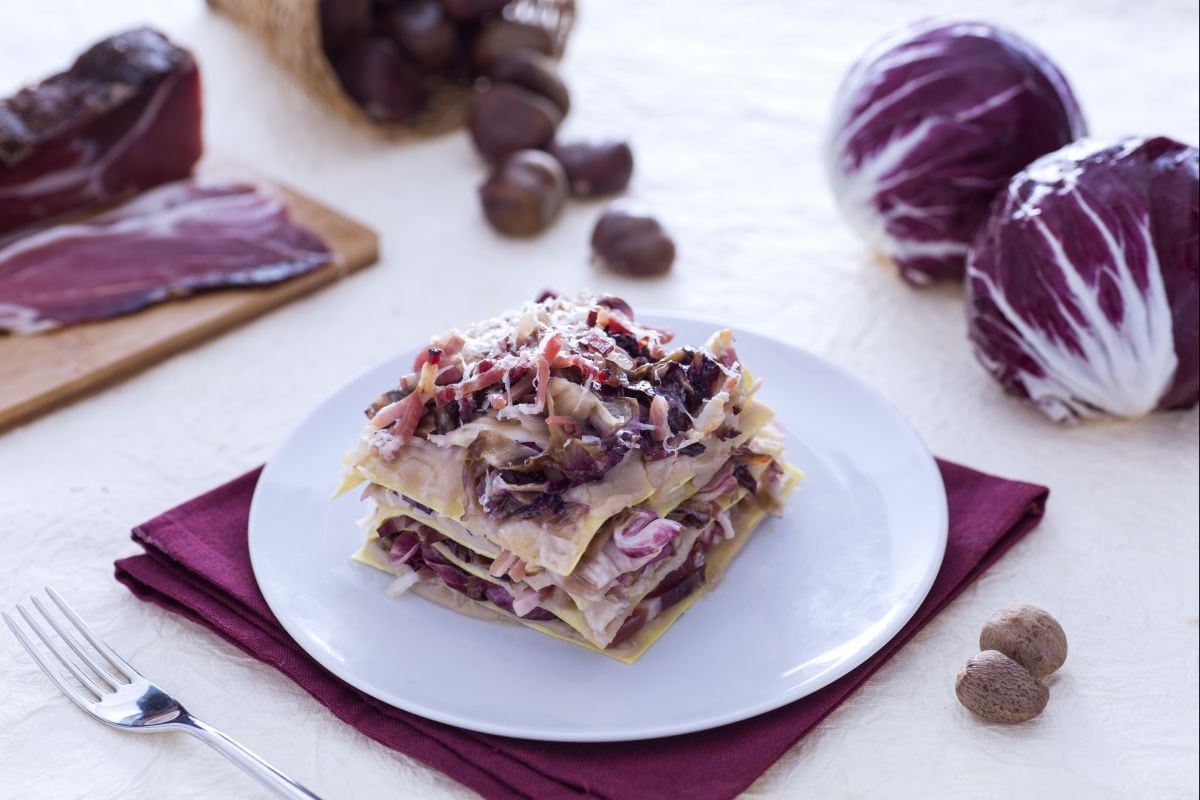 Lasagna with radicchio, chestnut cream and speck