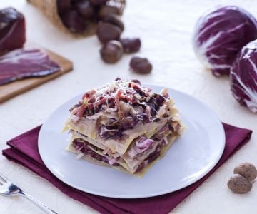 Lasagna with radicchio, chestnut cream and speck