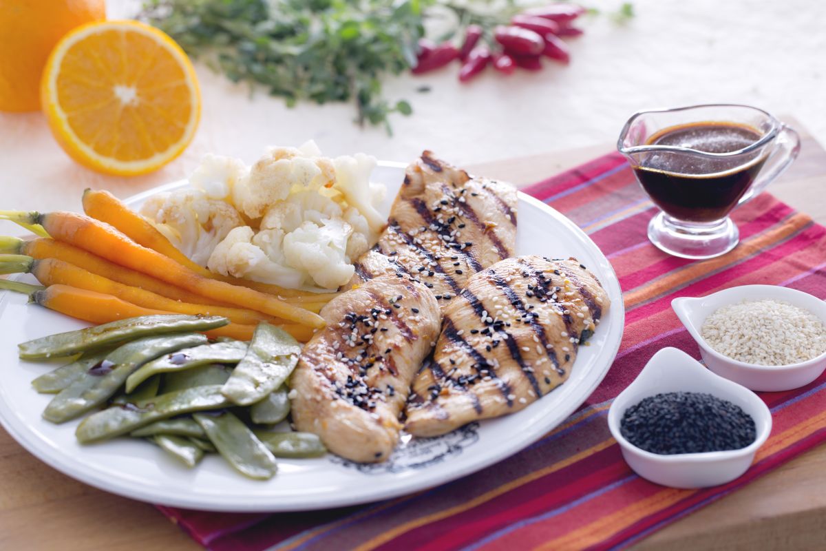 Chicken in soy sauce with steamed vegetables