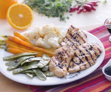 Chicken in soy sauce with steamed vegetables
