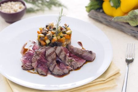 Sliced beef with teriyaki sauce reduction and caponata