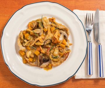 Veal scallops with vin santo, pumpkin and mixed mushrooms