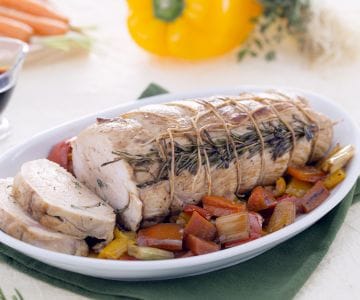 Turkey roast with soy sauce reduction and sautéed vegetables