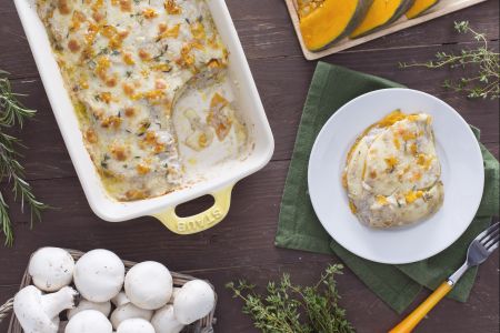 Pumpkin lasagna with mushroom cream and smoked cheese