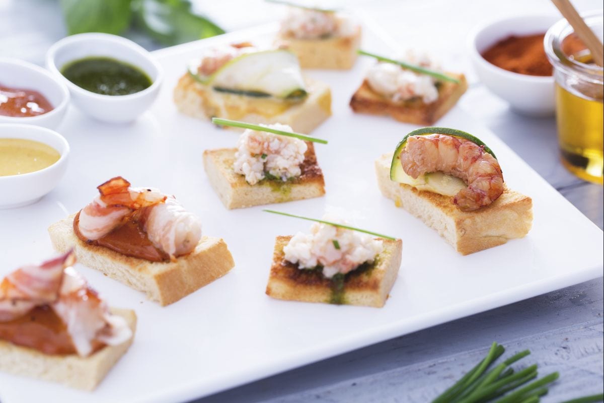 Trio of brioche bread canapés with shrimp