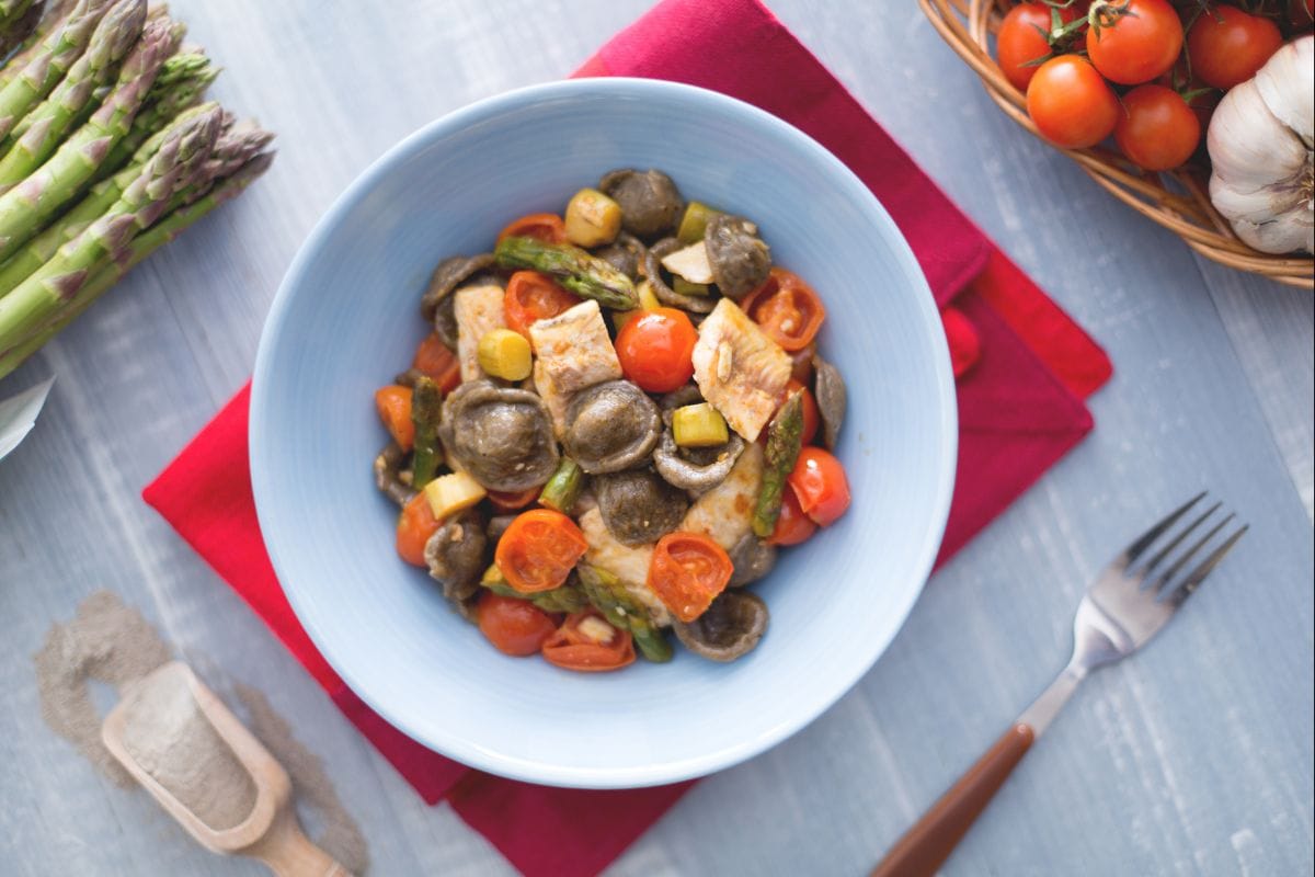 Burnt wheat orecchiette with whitefish and asparagus