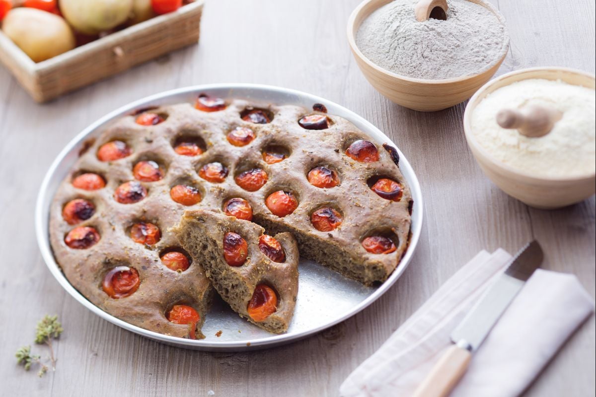 Burnt wheat focaccia with cherry tomatoes